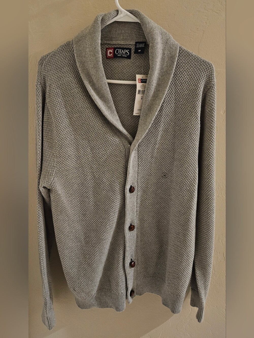 Chaps Cardigan Sweater Adult  Cotton Gray Tight Knit Brown Button Grandpacore M